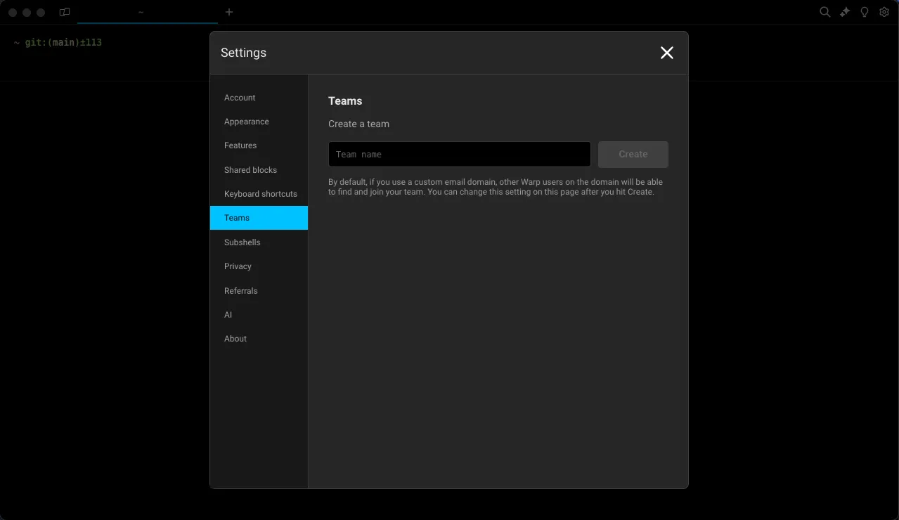 Teams settings panel with a team name input field and Create button